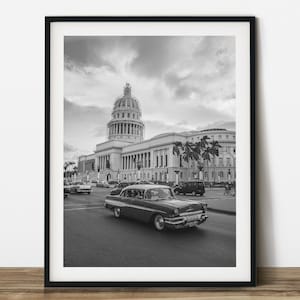 A old car run at Havana, Cuba black and white travel photography.  Printable wall art. Ready made to print out for any ratio.