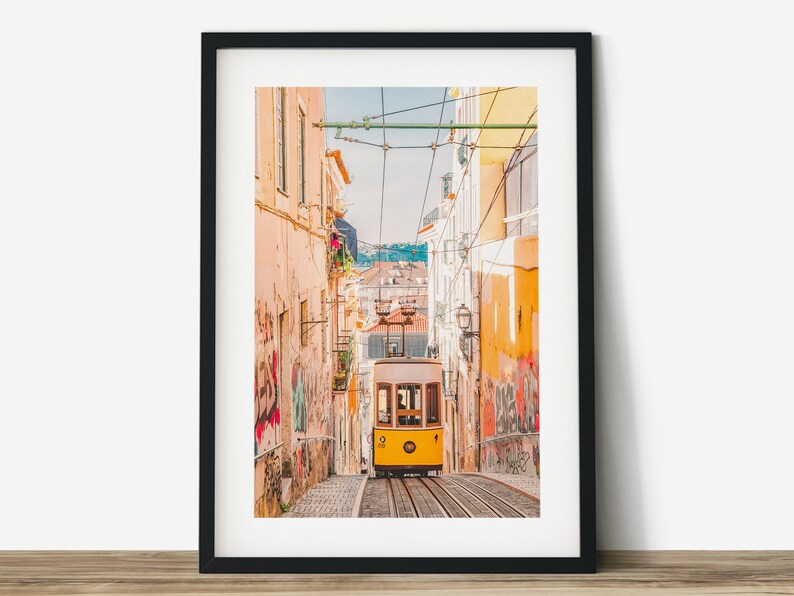 Ready made to print out for any ratio. Printable wall art Lisbon print A yellow tram up the hill in Lisbon color travel photography