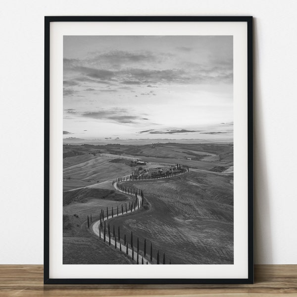 San Quirico D'Orcia Tuscany in Italy black and white travel photography.  Printable wall art. Ready made to print out for any ratio.