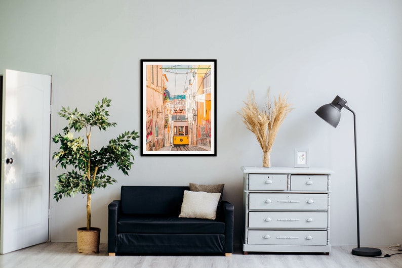 Ready made to print out for any ratio. Printable wall art Lisbon print A yellow tram up the hill in Lisbon color travel photography