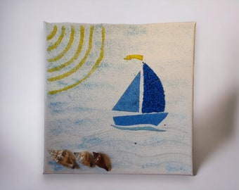 Decoración de pared pintura de arena velero en el mar