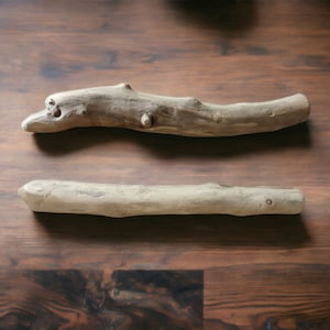 May include: Two pieces of driftwood on a wooden surface. The driftwood is light brown and has a natural, rough texture.