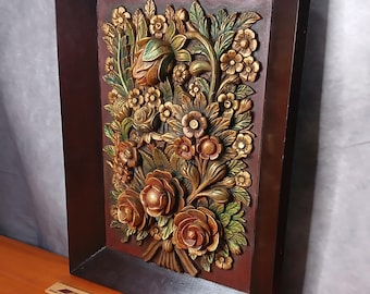 Intricate 3D High-Relief Floral Wood Carving Plaque – Solid Tropical Hardwood