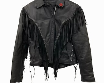 Giacca da motociclista vintage anni '90 KERR LEATHERS con frange - Prodotta negli Stati Uniti - Taglia 6