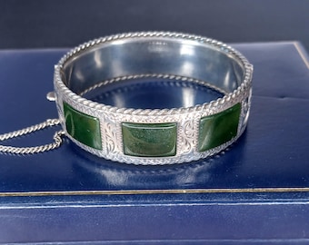 Raro bracciale vintage H&S da 40 g in argento sterling e giada - Incisione vistosa