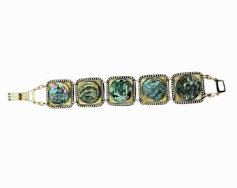 Bracciale vintage tedesco di metà secolo con maglie in conchiglia di abalone – Marcato Germany
