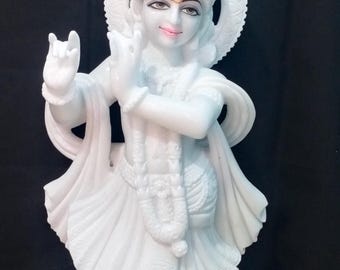 Estatua de Krishna de mármol artesanal: decoración hindú para el hogar de 18 cm