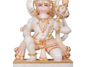 Estatua de Hanuman hecha a mano en mármol: Ídolo de la deidad hindú de 30 cm con detalles dorados.