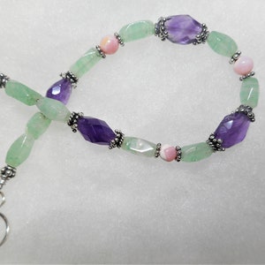 Gemstone Bracelet Between  6 3/4&quot;and 7 , 17.4 cm.  Amethyst, Aventurine, Pink Opal, Bali Sterling Silver beads, with Sterling Silver Toggle
