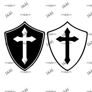 May include: Two black and white shield designs with a cross in the center. The shield on the left is black with a white cross. The shield on the right is white with a black cross.
