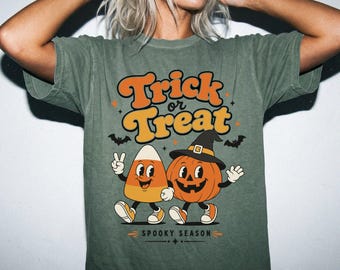 Trick Or Treat Retro Halloween Shirt | Comfort Colors Candy Corn Tee