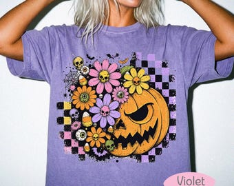 Retro Skull Flower Pumpkin Shirt | Comfort Colors Halloween Tee