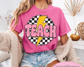 Retro Teach Shirt | Checkered Lightning Bolt Comfort Colors Tee