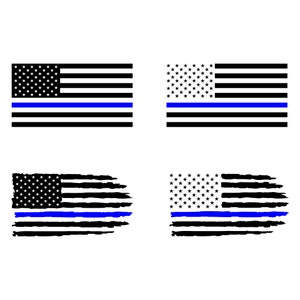 May include: Four images of the American flag with a blue stripe, representing support for law enforcement. Two flags are standard, and two have a distressed, worn appearance. The flags are black, white, and blue, with a field of stars and stripes.