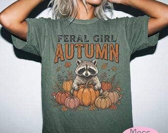 Feral Girl Autumn Shirt | Realistic Raccoon Pumpkin Patch Tee | Comfort Colors Funny Fall Tee