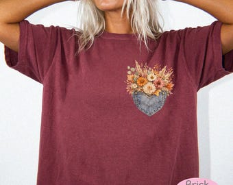 Floral Heart Denim Pocket Tee | Comfort Colors Fall Flowers Shirt