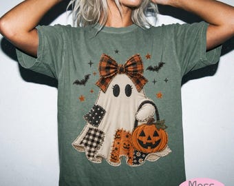 Patchwork Ghost Halloween Shirt | Comfort Colors Bow Ghost Tee