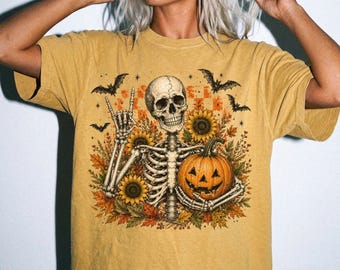 Skeleton Sunflower Halloween Shirt | Comfort Colors Rock On Tee