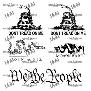 May include: Black and white graphic design featuring a coiled snake with the words "Don't Tread On Me" and "Join, or Die."  Below the snake is a map of the original 13 colonies.  The graphic also includes a coiled snake with a rifle wrapped around it and the words "Molon Labe" and "We the People" in a stylized font.