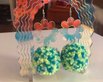 Pom Pom Earrings, Daisy Earrings, Laser Cut Earrings, Acrylic Laser Cut Earrings, Cute Earrings, Fluffy Earrings