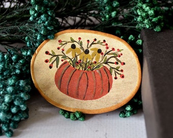 Vintage pumpkin flower pot brooch, Handpainted flowers in basket brooch, Art pin