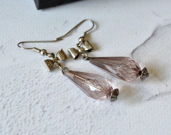 Vintage Smoky Gray Crystal Teardrop Earrings with Silver Tone Bows