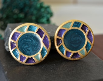 Vintage Enamel Mosaic Clip On Earrings: Signed Xya Retro Gold Tone Jewelry