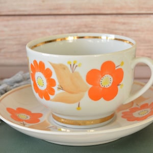 Vintage floral porcelain coffee cup and saucer set, Cottage core tea cup duo, Vintage rustic kitchen