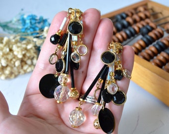 Vintage cluster chandelier earrings, Oversized beaded chandelier earrings, Gold and black elegant clip-ons