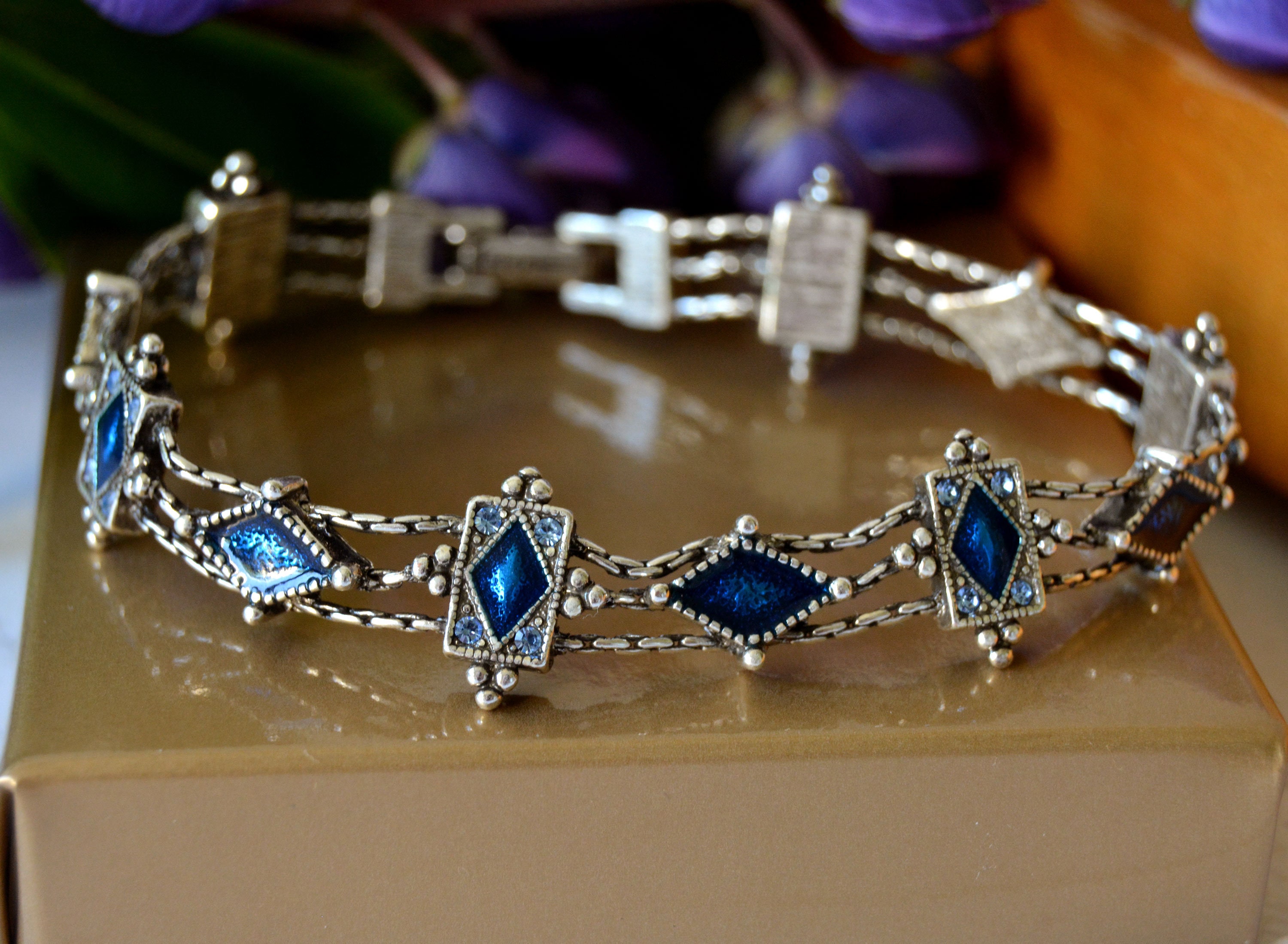 Vintage Napier Bracelet With Blue Enamel Silver Tone Chain Link Bracelet Ornate Bracelet Etsy