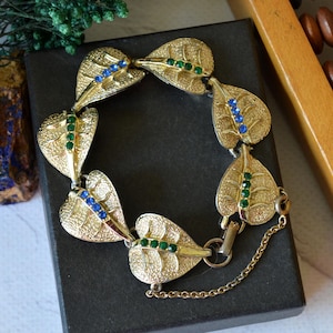 Vintage Gold Ton Blatt Armband: Strass Herbst Schmuck