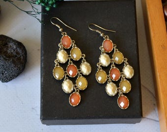 Vintage Autumn Chandelier Earrings, Orange Gold Tone Dangle Earrings