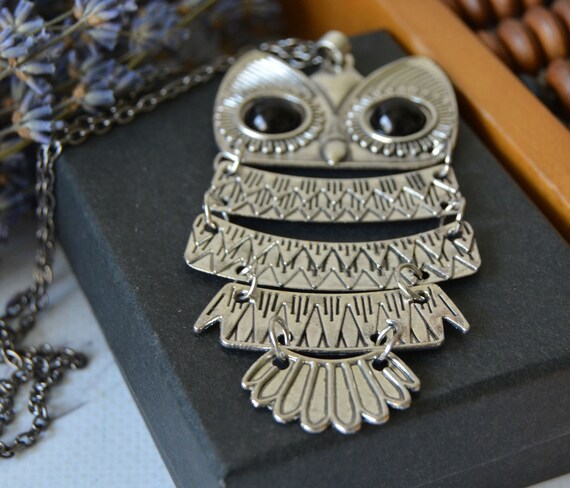 Vintage Large Owl Necklace Silver Owl With Moveable Body Woodland Pendant Oversized Etsy