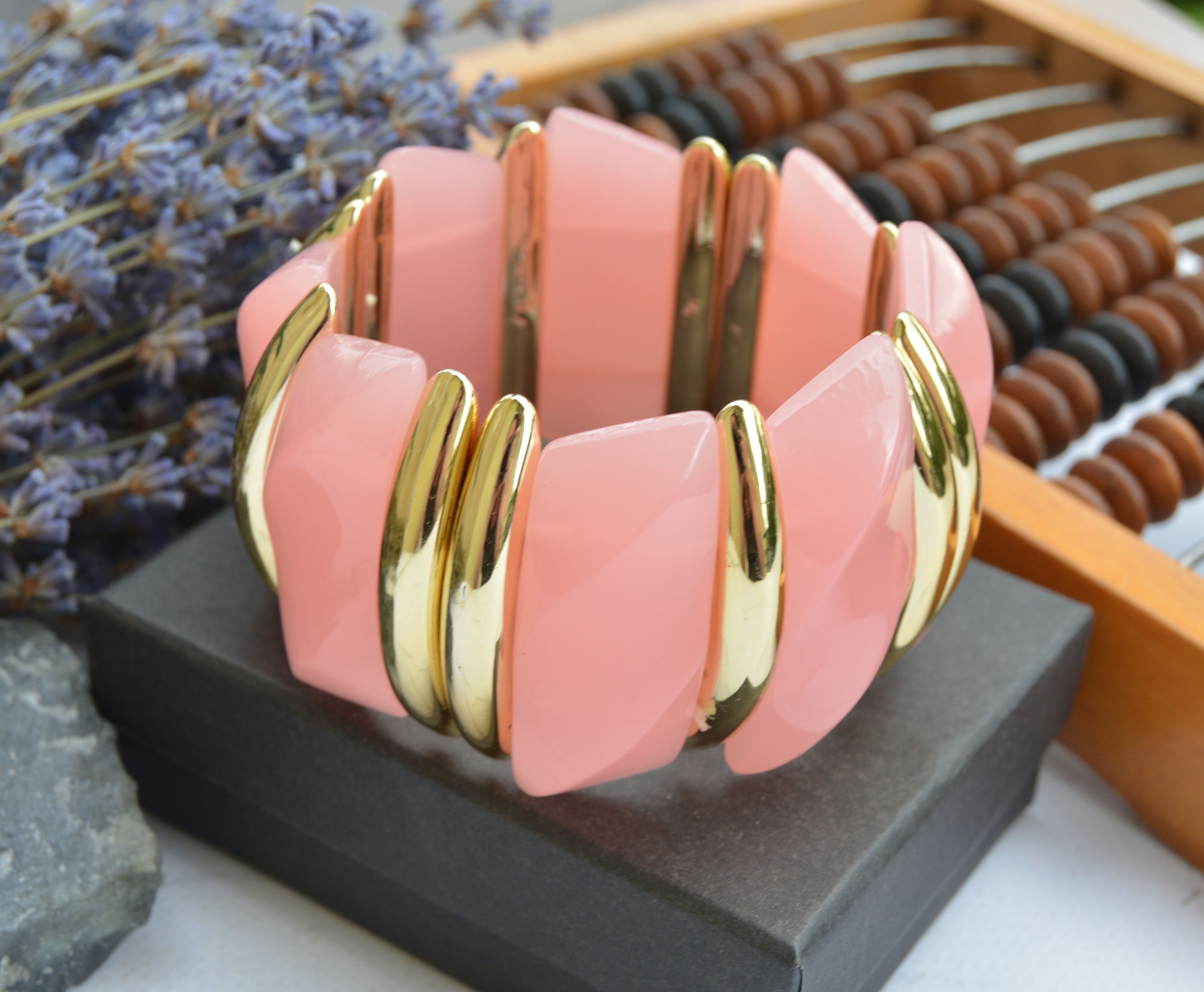 Vintage Lucite Stretch Bracelet Pink and Gold Chunky Etsy