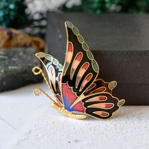 Vintage cloisonne butterfly brooch, Black red enamel insect brooch, Swallowtail butterfly brooch
