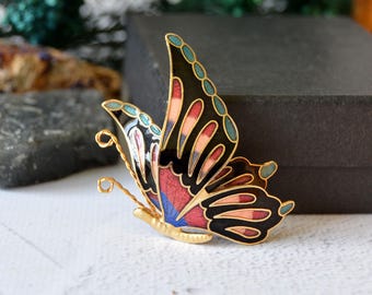 Vintage Cloisonne Butterfly Brooch: Red & Black Enamel Insect Pin