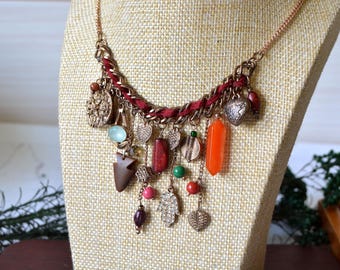 Vintage Boho Charm Necklace: Earthy Tones, Hamsa, Mandala - 20 Inch, Fall Jewelry