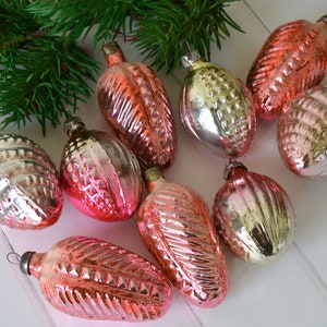 Vintage Pink Glass Christmas Ornaments - Set of 9 Retro Baubles Assorted