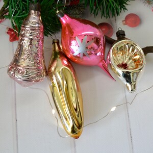 Vintage Glass Christmas Ornaments Set of 4: Pink & Gold Retro Decor