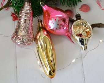 Vintage Glass Christmas Ornaments Set of 4: Pink & Gold Retro Decor Rare Shape