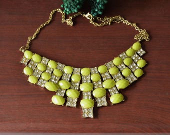 Vintage Lime Green Bib Necklace, Rhinestone Statement Necklace, Bright Retro Costume Jewelry