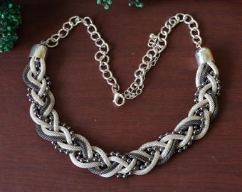 Vintage Braided Mesh Chain Bib Necklace, Gunmetal Silver Tone, 20in