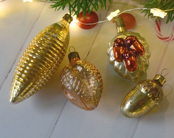 Vintage Wald Ornament Set in Goldfarbe, Vintage Weihnachtsschmuck, Quecksilber Glasornamente