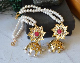 Vintage Gold Tone Jhumka Earrings: Indian Bridal Pearl Thread Dangles