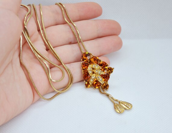 Vintage slide pendant necklace, Vintage bolo choker, Adjustable lariat long necklace, Autumn pendant with orange rhinestones