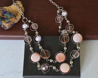 Vintage Pink Crystal Necklace: Mother of Pearl Double Strand