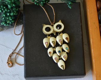 Vintage Owl Pendant With Moveable Body, Gold Tone and Enamel Woodland Necklace
