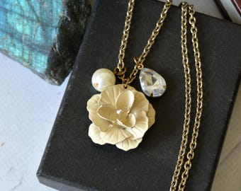 Vintage Cream Rose Flower Pendant, Shabby Chic Gold Tone Necklace, Cottagecore Jewelry