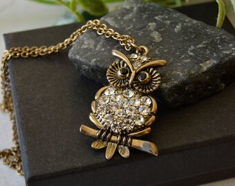 Vintage owl pendant, Bronze owl extra long necklace, Cute owl pendant with rhinestones