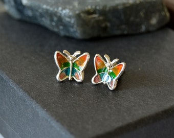 Vintage butterflies stud earrings, Multicolor enamel studs, Minimalist earrings for everyday wear